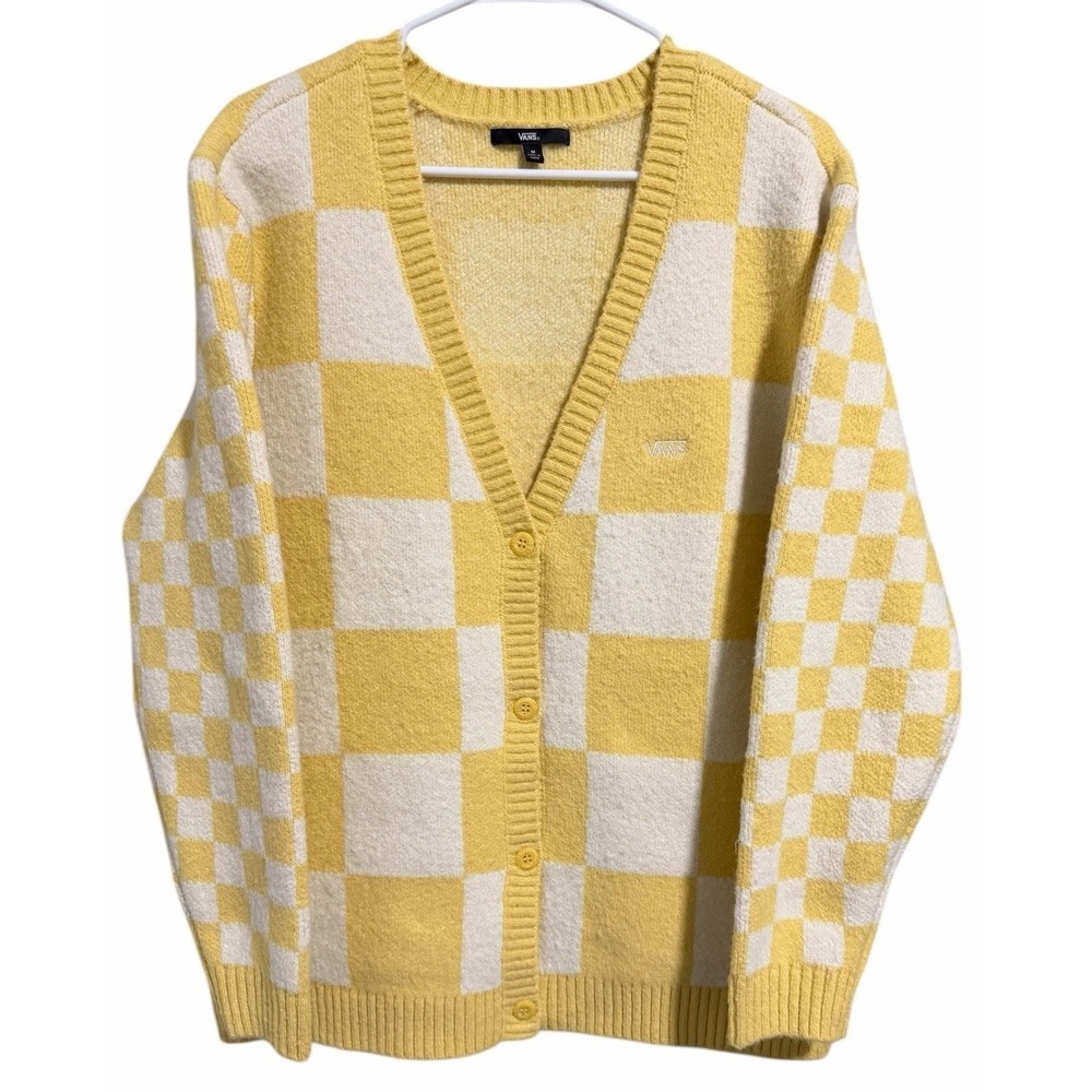 Vans Checkered Yellow/White Cardigan Sweater Women's Size Medium